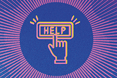 Digitaler Helpbutton, der von einer digitalen Hand angeklickt wird